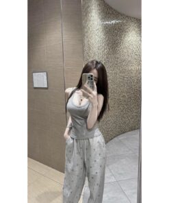Set đồ nữ áo hai dây trơn kèm quần ống suông họa tiết chất thun dày dặn thoáng mát
