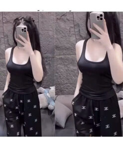 Set đồ nữ áo hai dây trơn kèm quần ống suông họa tiết chất thun dày dặn thoáng mát