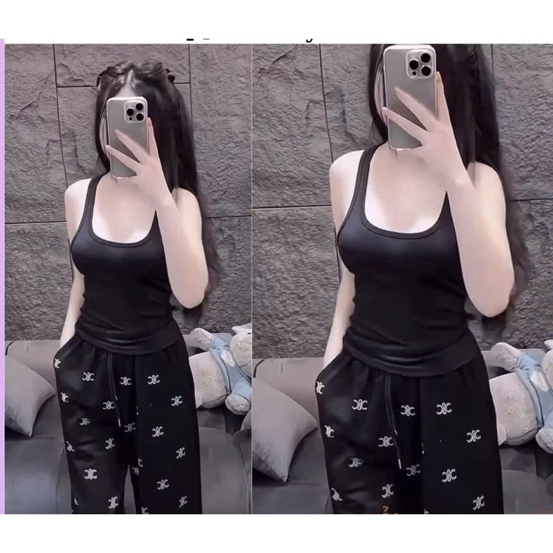 Set đồ nữ áo hai dây trơn kèm quần ống suông họa tiết chất thun dày dặn thoáng mát