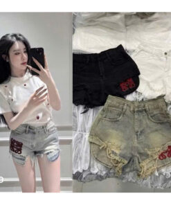 Quần jean đùi rách túi thêu logo chữ đỏ nổi bật thời trang trẻ trung, cá tính , hottrend