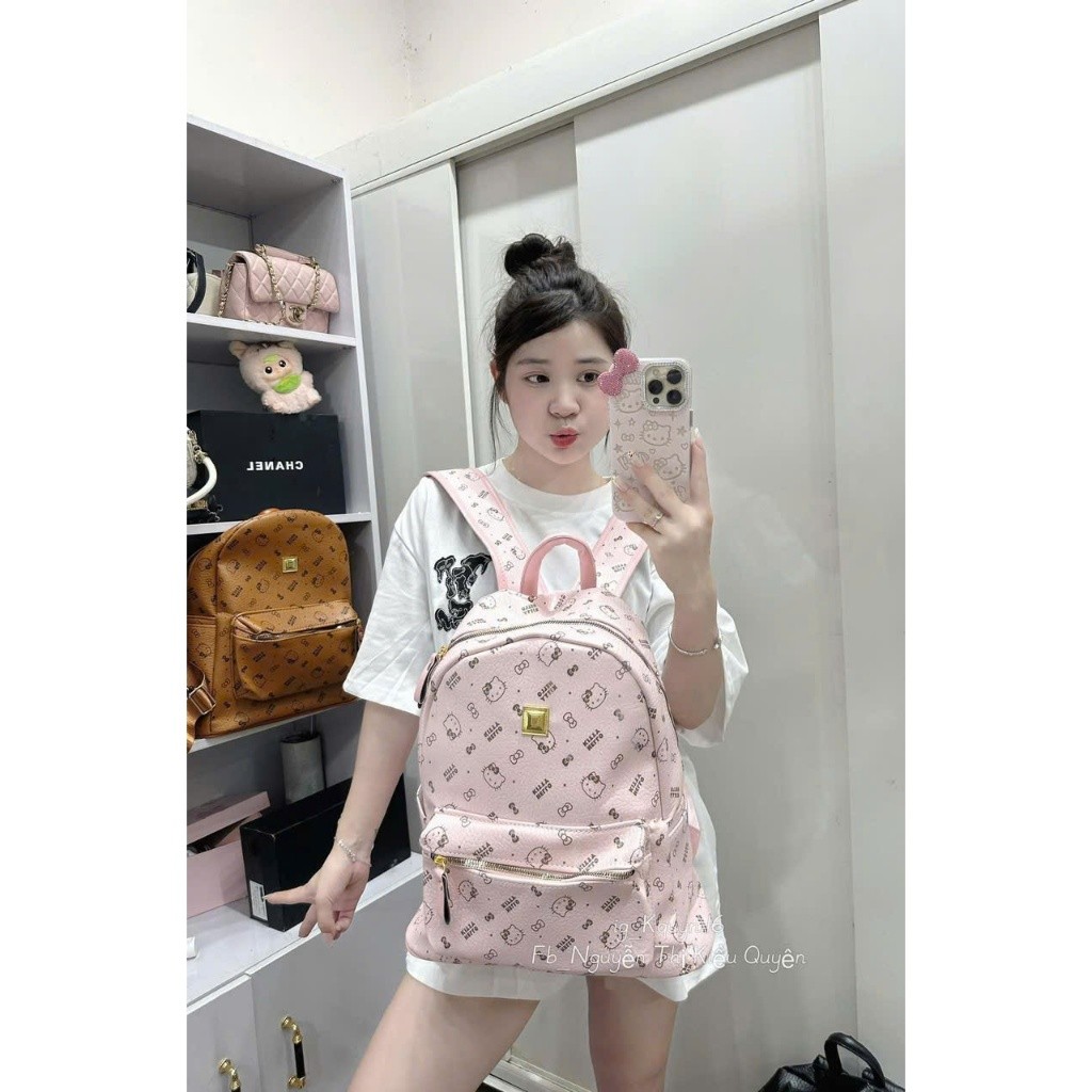 Balo Nữ 40cm Quai to In Hello Kitty Siêu Xinh – Form Rộng Đựng Được Laptop, Chất Da PU Cao Cấp