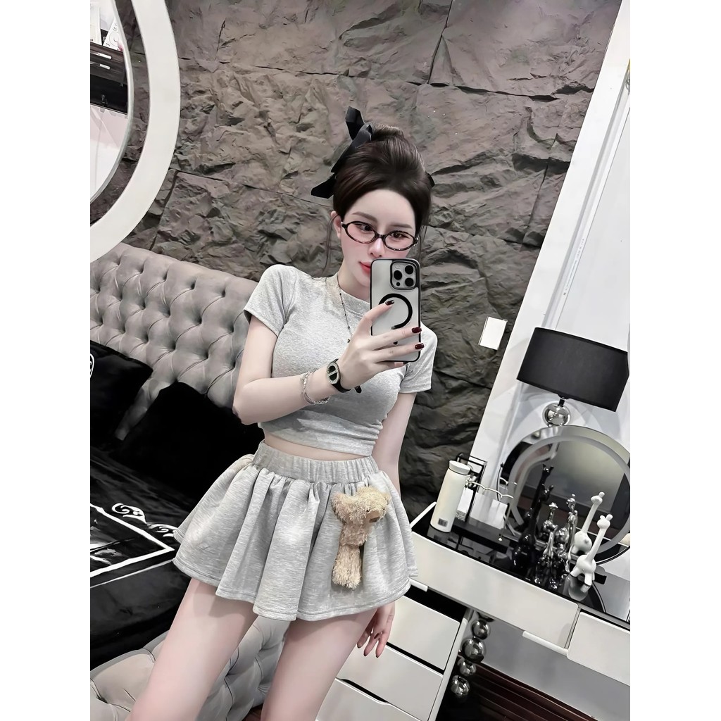Set Váy Áo Croptop Mix Chân Váy Gấu Bông – Dễ Thương Hết Nấc, Tặng Kèm Gấu Siêu Cute