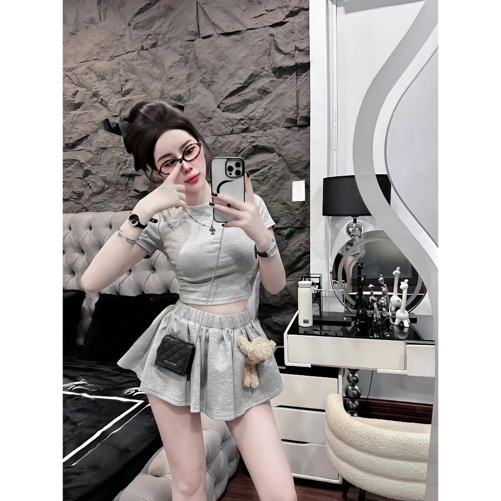 Set Váy Áo Croptop Mix Chân Váy Gấu Bông – Dễ Thương Hết Nấc, Tặng Kèm Gấu Siêu Cute