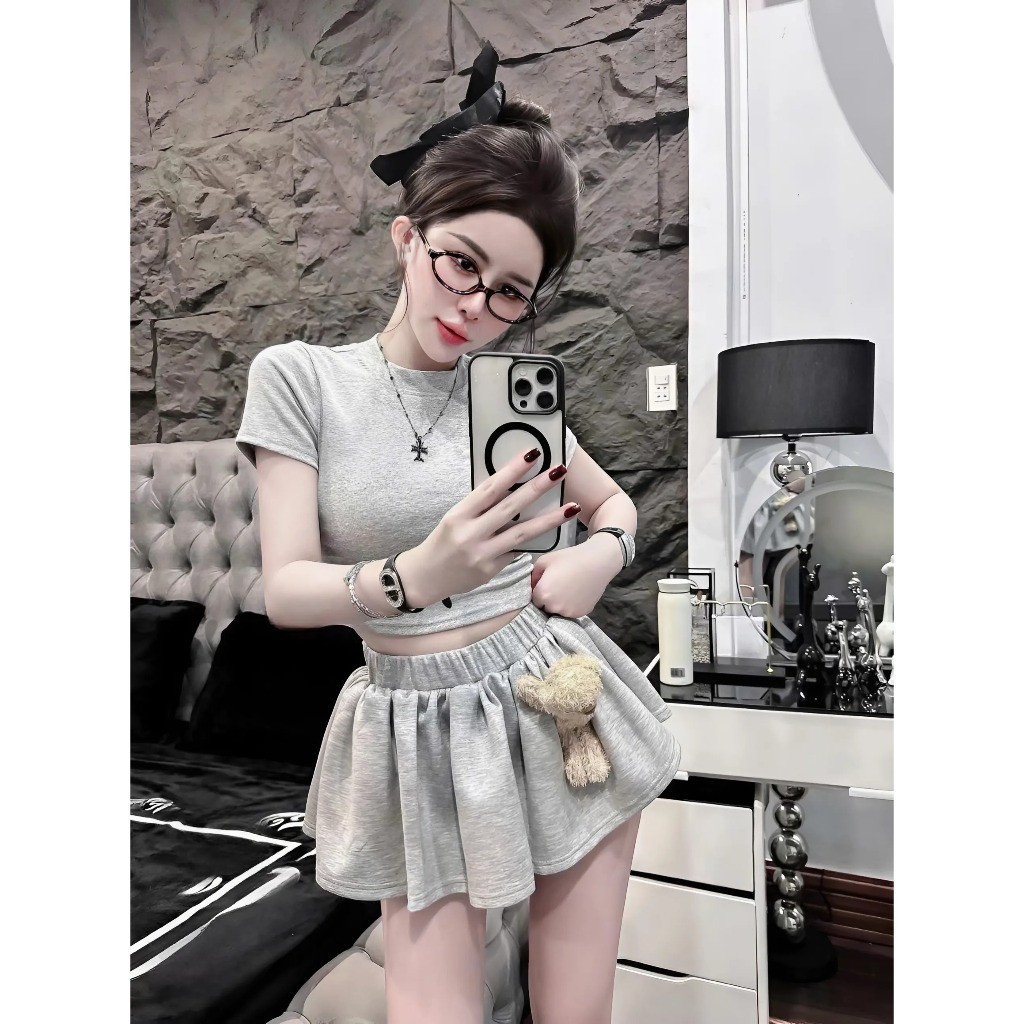 Set Váy Áo Croptop Mix Chân Váy Gấu Bông – Dễ Thương Hết Nấc, Tặng Kèm Gấu Siêu Cute