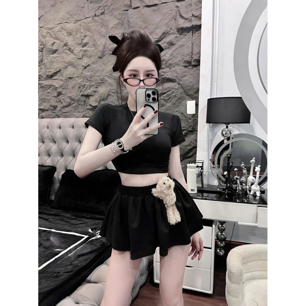 Set Váy Áo Croptop Mix Chân Váy Gấu Bông – Dễ Thương Hết Nấc, Tặng Kèm Gấu Siêu Cute