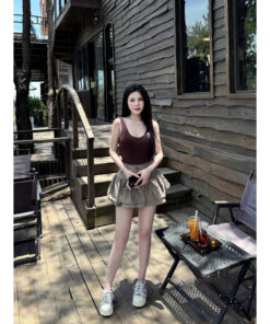 Set Áo Bodysuit Nâu Kèm Chân Váy Đai Nơ 2 Tầng Xinh Xắn