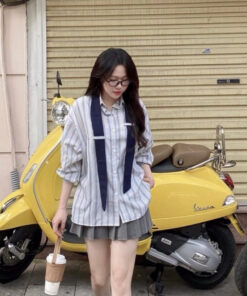 Áo Sơ Mi Kẻ Kèm Cavat Chất Thô Mát, Áo Dài Tay Dáng Rộng Phong Cách Trẻ Trung