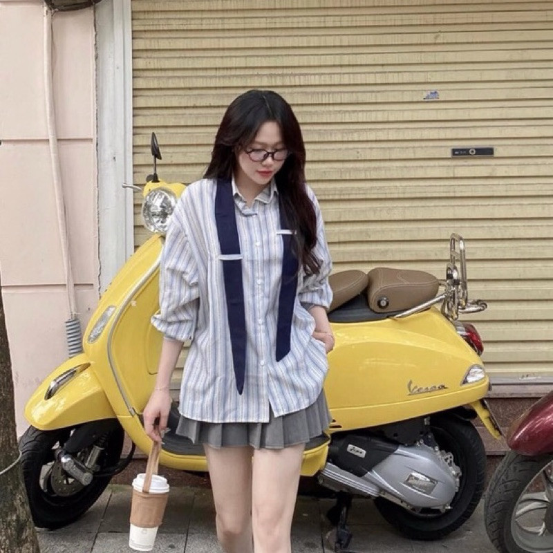 Áo Sơ Mi Kẻ Kèm Cavat Chất Thô Mát, Áo Dài Tay Dáng Rộng Phong Cách Trẻ Trung