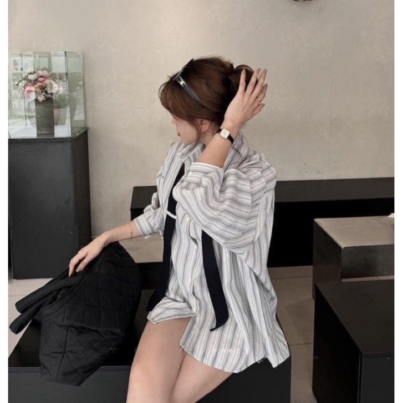 Áo Sơ Mi Kẻ Kèm Cavat Chất Thô Mát, Áo Dài Tay Dáng Rộng Phong Cách Trẻ Trung