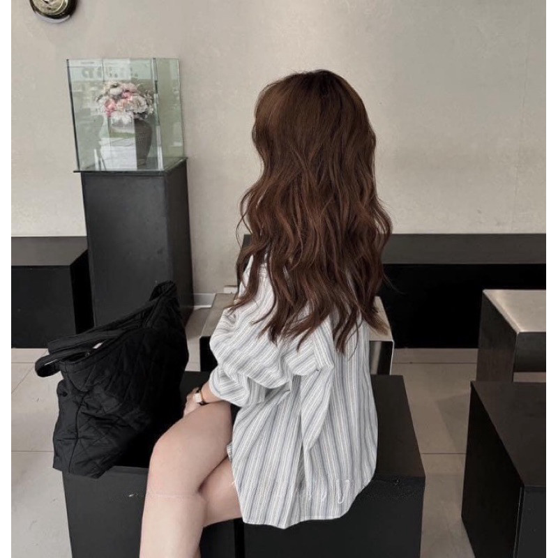 Áo Sơ Mi Kẻ Kèm Cavat Chất Thô Mát, Áo Dài Tay Dáng Rộng Phong Cách Trẻ Trung