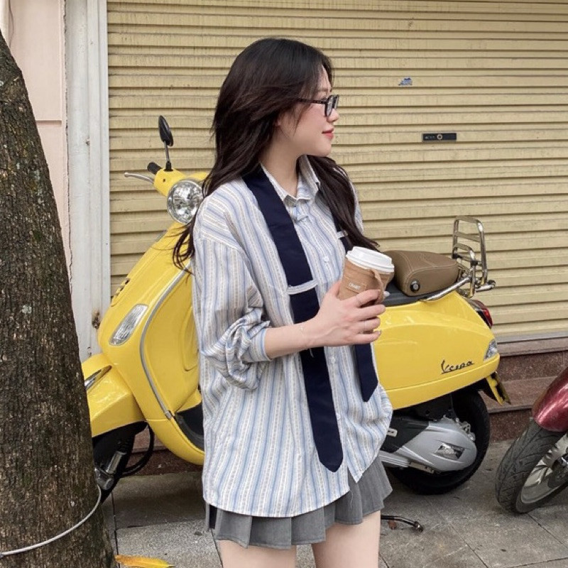Áo Sơ Mi Kẻ Kèm Cavat Chất Thô Mát, Áo Dài Tay Dáng Rộng Phong Cách Trẻ Trung