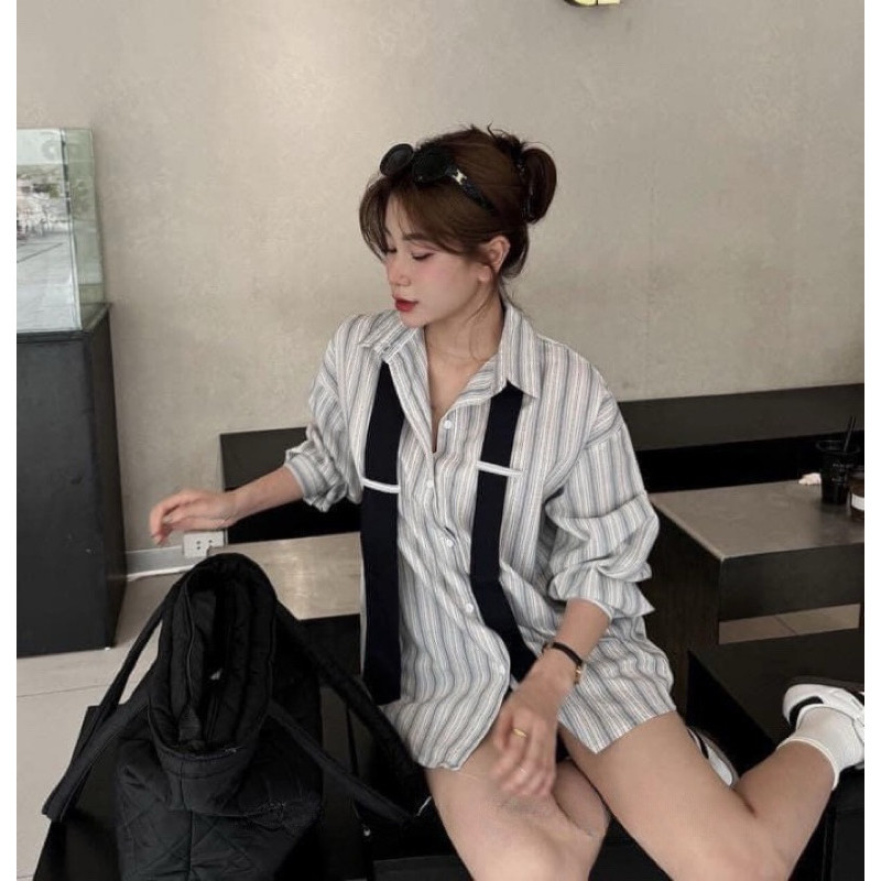 Áo Sơ Mi Kẻ Kèm Cavat Chất Thô Mát, Áo Dài Tay Dáng Rộng Phong Cách Trẻ Trung