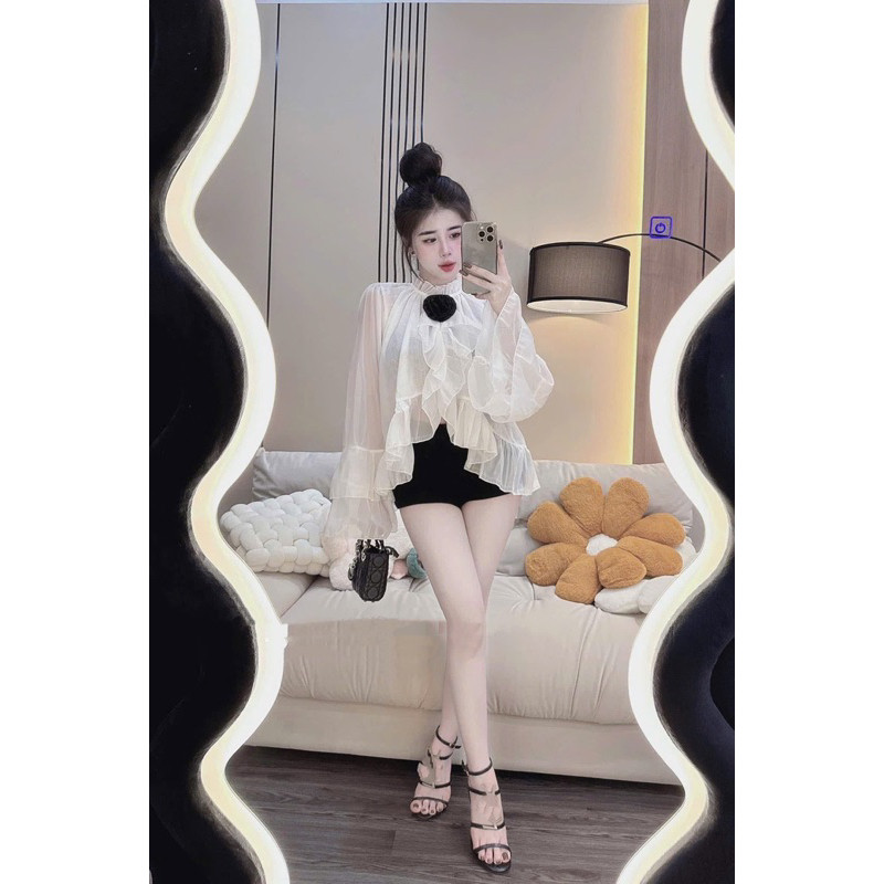 Áo Tơ Viền Nữ 2 Lớp Tay Loe Tầng Bồng Bềnh Đính Hoa Sang Chảnh