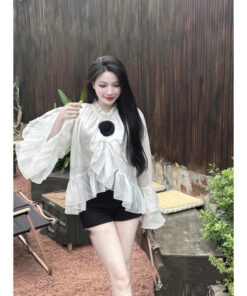Áo Tơ Viền Nữ 2 Lớp Tay Loe Tầng Bồng Bềnh Đính Hoa Sang Chảnh