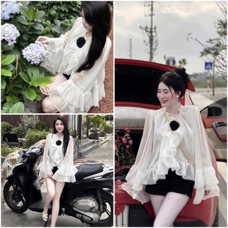 Áo Tơ Viền Nữ 2 Lớp Tay Loe Tầng Bồng Bềnh Đính Hoa Sang Chảnh