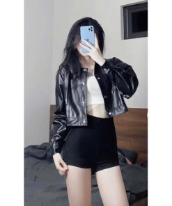 Áo Khoác Da Dáng Croptop Trơn Phong Cách Trẻ Trung Năng Động
