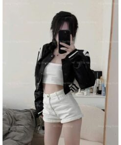Áo Khoác Da Dáng Croptop Trơn Phong Cách Trẻ Trung Năng Động