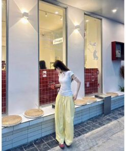 Set Nữ Áo Crt Trơn Xám Quần Ống Rộng Vàng Chanh Sanh Chảnh Cá Tính
