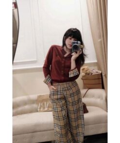 Set Áo Dài Tay Cài Khuy Thêu Ngựa Mix Quần Kẻ Ống Xuông Hottren