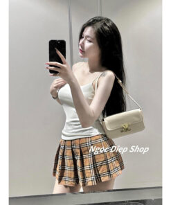 Set Bộ Áo 2 Dây ( k có mút) Mix Chân Váy Kẻ Kiểu Dáng Trẻ Trung Hottren