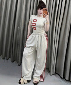 Set Áo Croptop In Chữ Số 000 Kèm Quần Suông Ống Rộng Xinh
