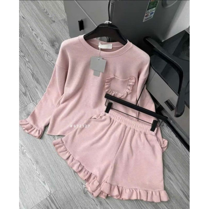 Set Áo Dài Tay Lệch Vai Kèm Quần Váy Chất Nỉ Phong Cách Trẻ Trung