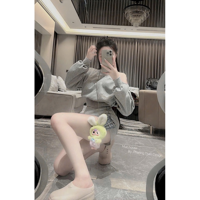 Set Áo Dài Tay Lệch Vai Kèm Quần Váy Chất Nỉ Phong Cách Trẻ Trung
