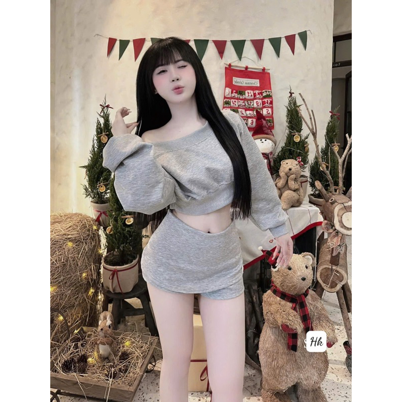 Set Áo Dài Tay Lệch Vai Kèm Quần Váy Chất Nỉ Phong Cách Trẻ Trung