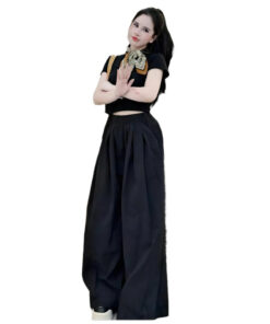 Set Đồ Basic Co Giãn Áo Thun Ôm & Quần Ống Rộng Gió Mềm Mại Tôn Dáng