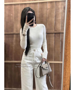 Set Áo Dài Tay Dáng Ôm Mix Quần Jean Xuông Trắng Hottren