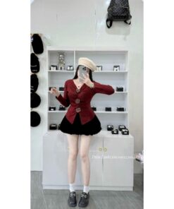 Set Áo Len Dài Tay Gắn 3 Hoa Mix Chân Váy Bí Nhung Xịn Xò Hottren