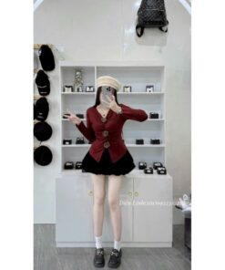 Set Áo Len Dài Tay Gắn 3 Hoa Mix Chân Váy Bí Nhung Xịn Xò Hottren