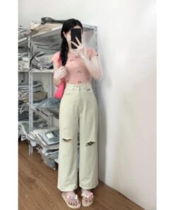 Quần Jean Xuông Be Rách Gối Chất Jean Dày Dặn Kiểu Dáng Trẻ Trung Cá Tính