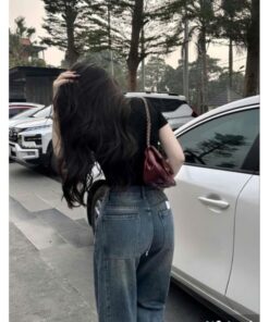 Quần Jean Ống Rộng Trơn Xanh Cạp Cao Dễ Mix Đồ Kiểu Dáng Hottren