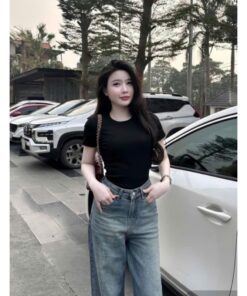 Quần Jean Ống Rộng Trơn Xanh Cạp Cao Dễ Mix Đồ Kiểu Dáng Hottren