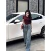 Quần Jean Ống Rộng Trơn Xanh Cạp Cao Dễ Mix Đồ Kiểu Dáng Hottren