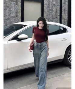 Quần Jean Ống Rộng Trơn Xanh Cạp Cao Dễ Mix Đồ Kiểu Dáng Hottren
