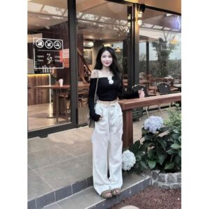 Set Áo Trễ Vai Dài Tay Gắn Hoa Mix Quần Jean Xuông Dây Rút Hottren