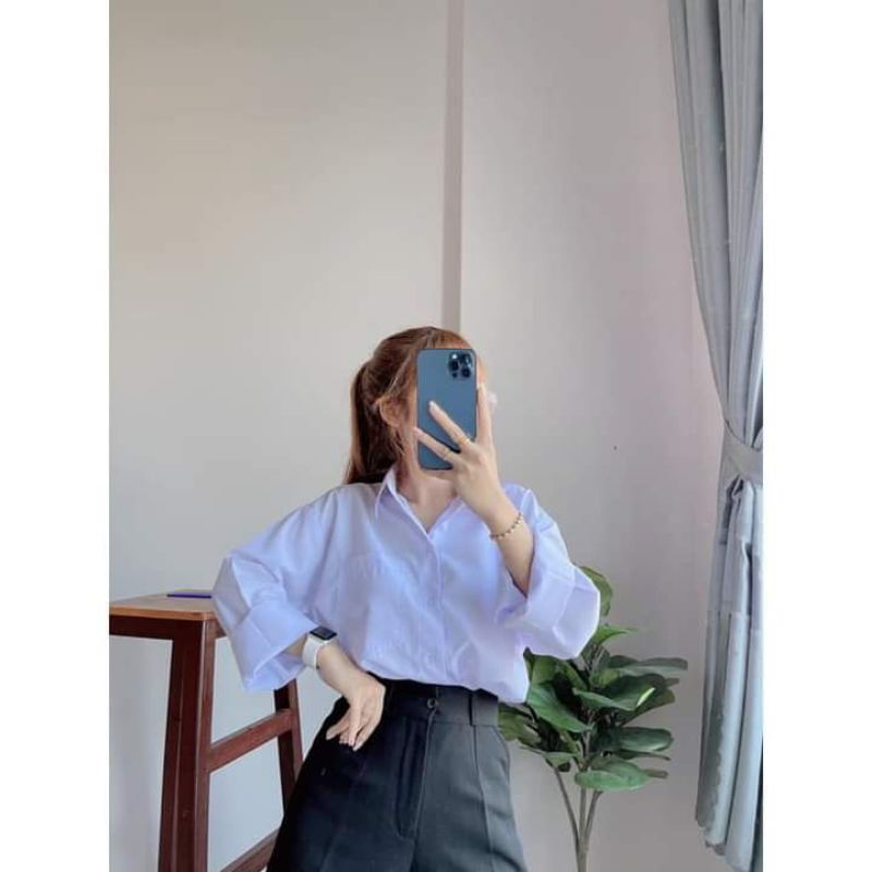 Áo Sơ Mi Trắng Dài Tay From Rộng Kiểu Dáng Basic Trẻ Trung