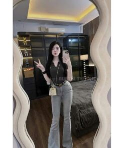Quần Jean Ống Loe Thêu Chất Jean Co Giãn Dày Dặn Dễ Mix Đồ Trẻ Trung