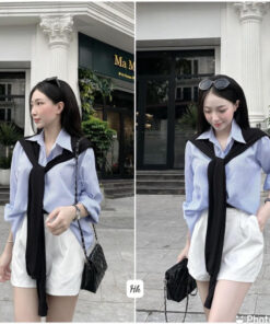 Set Áo Sơ Mi Kẻ Xanh Dài Tay Kèm Khăn Mix Quần Short Trắng Trẻ Trung
