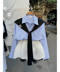 Set Áo Sơ Mi Kẻ Xanh Dài Tay Kèm Khăn Mix Quần Short Trắng Trẻ Trung