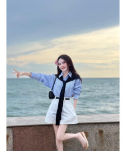 Set Áo Sơ Mi Kẻ Xanh Dài Tay Kèm Khăn Mix Quần Short Trắng Trẻ Trung