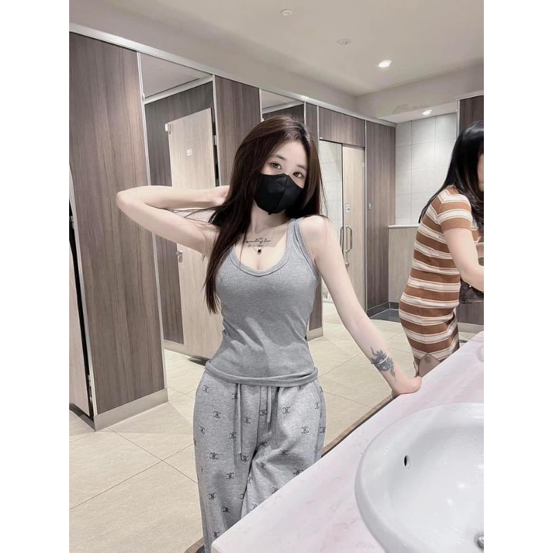 Set Bộ Đồ Nữ ,Áo 2 Dây Bản To Mix Quần Ống Rộng In Chữ Chaneo Hotttren