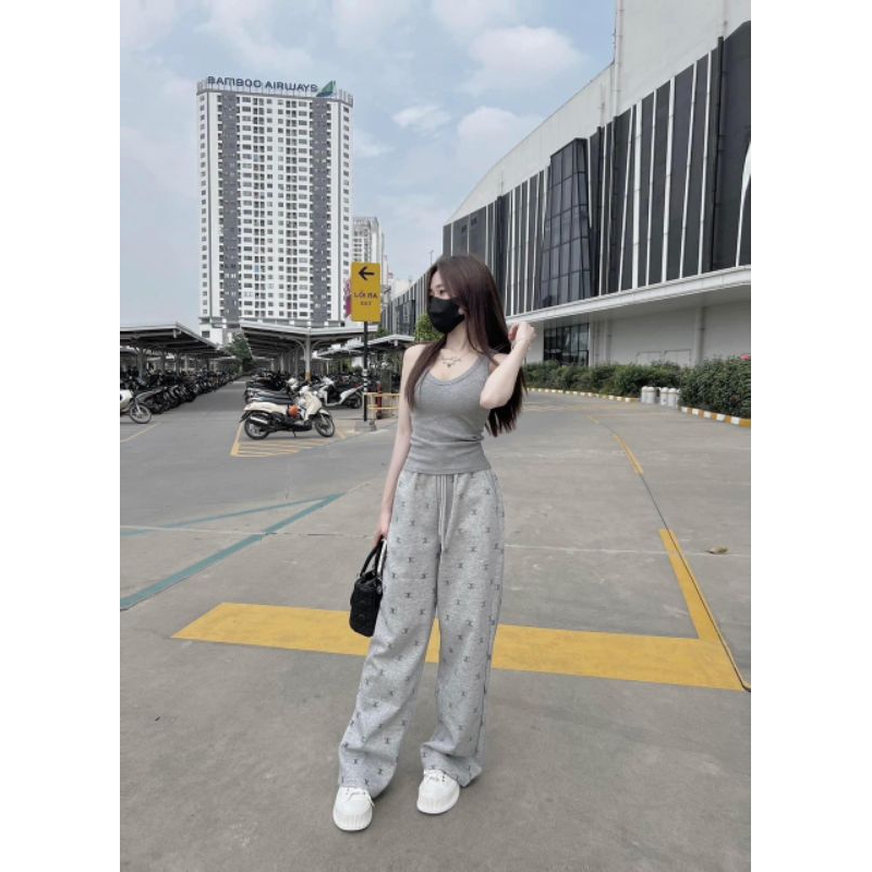Set Bộ Đồ Nữ ,Áo 2 Dây Bản To Mix Quần Ống Rộng In Chữ Chaneo Hotttren