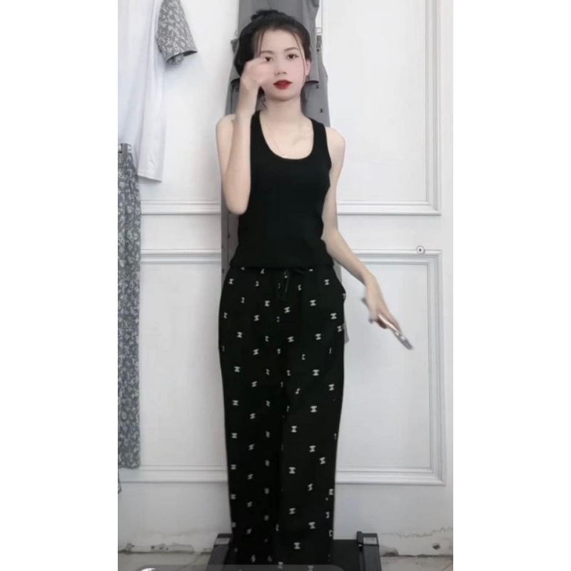 Set Bộ Đồ Nữ ,Áo 2 Dây Bản To Mix Quần Ống Rộng In Chữ Chaneo Hotttren