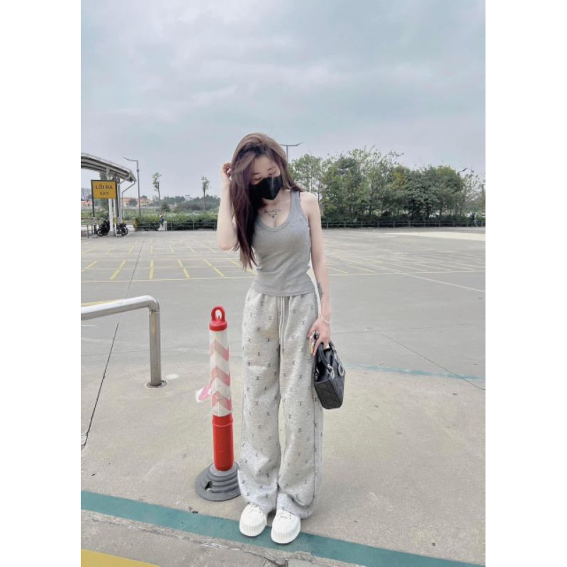 Set Bộ Đồ Nữ ,Áo 2 Dây Bản To Mix Quần Ống Rộng In Chữ Chaneo Hotttren