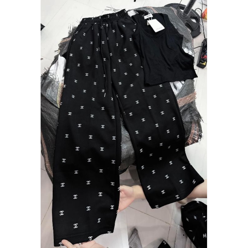 Set Bộ Đồ Nữ ,Áo 2 Dây Bản To Mix Quần Ống Rộng In Chữ Chaneo Hotttren