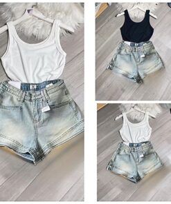 Set Áo 2 Dây Mix Quần Short Bò Kiểu Dáng Trẻ Trung Cá Tính