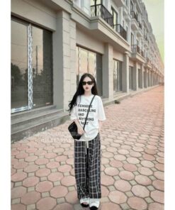 Quần Kẻ Caro Ống Rộng Cạp Chun Chất Cát Hàn Xịn Xò Dễ Mix Đồ